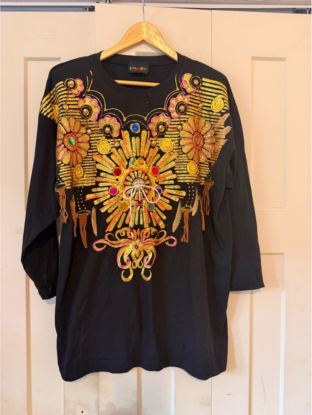 Vintage 1980s Fancy Los Angeles celestial sunburst black blouse tshirt top L/XL